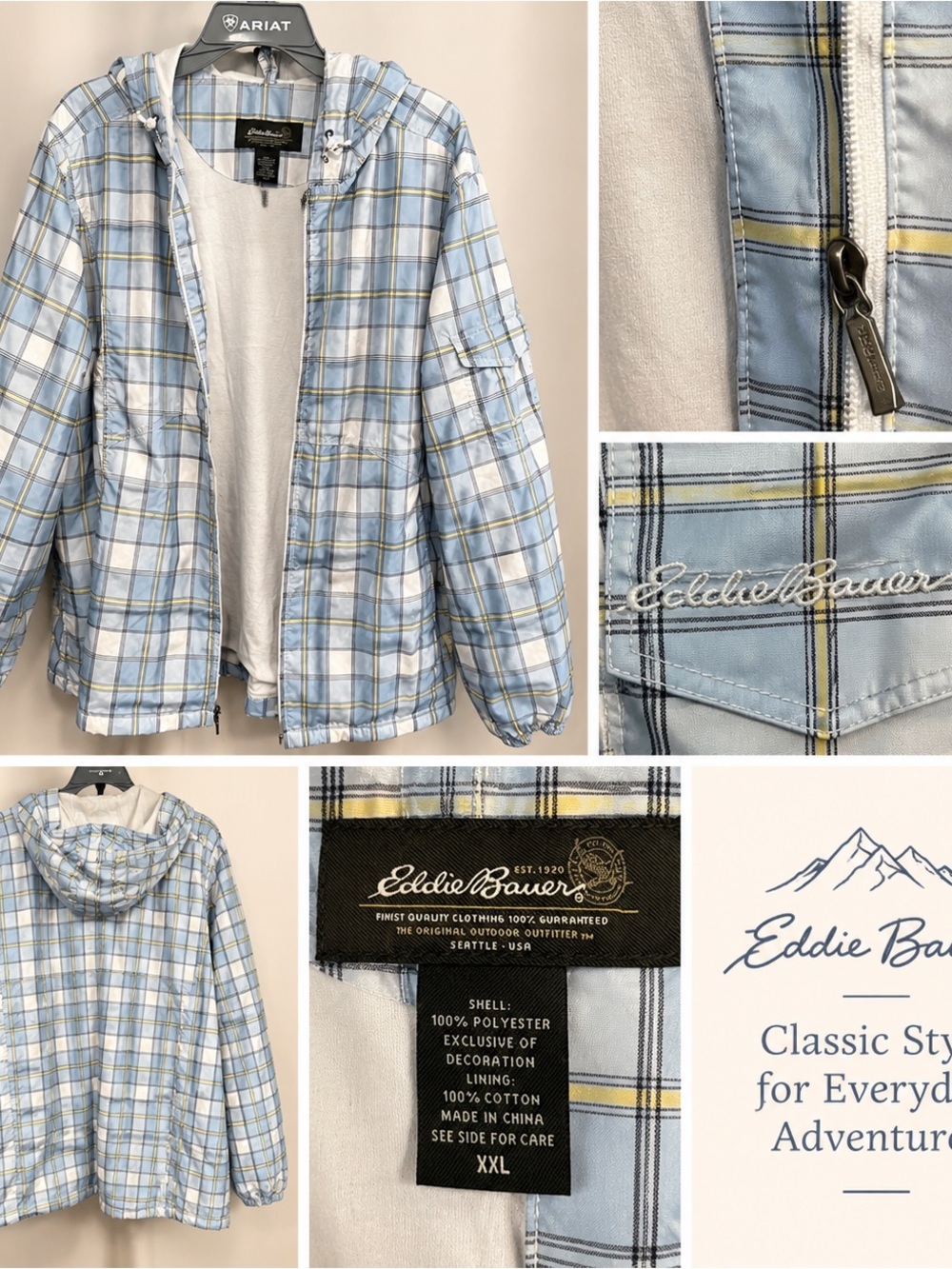 Eddie Bauer Women’s XXL Plaid Hooded Lightweight Jacket Blue White Yellow